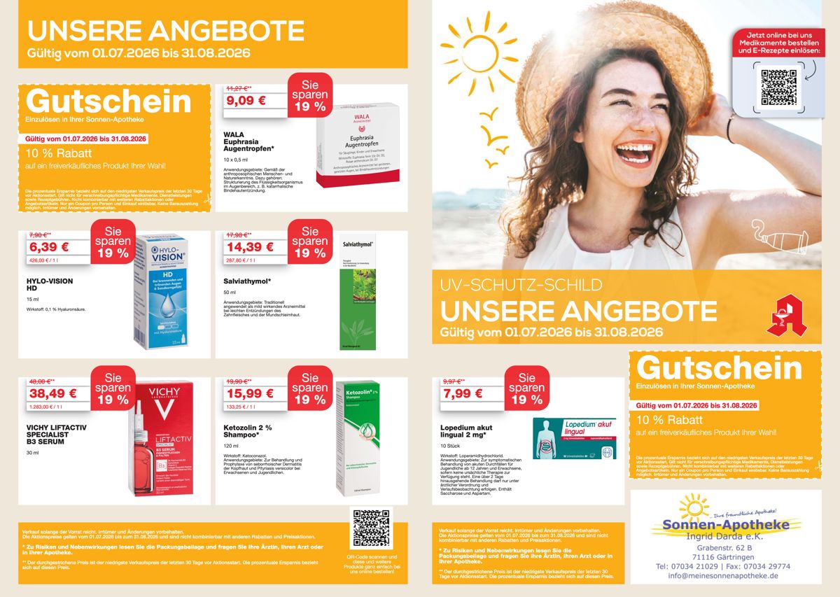 Angebotsübersicht der Sonnen-Apotheke Gärtringen mit Winter-Aktionspreisen für Erkältungsmedikamente, Rabatt-Gutscheinen sowie QR-Code zur Online-Vorbestellung über die Apotheke